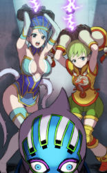 Rule 34 | 10s, 2girls, bare shoulders, bdsm, blue eyes, blue hair, blue rose (tiger &amp; bunny), bondage, boots, bound, breasts, chinese clothes, cleavage, collar, cuffs, detached sleeves, dragon kid, earrings, elbow gloves, gloves, green eyes, green hair, handcuffs, huang baoling, jewelry, karina lyle, large breasts, lipstick, looking at viewer, lunatic (tiger &amp; bunny), makeup, mask, mimonel, multiple girls, pout, short hair, shorts, sweat, tears, thigh boots, thighhighs, tiger &amp; bunny, you gonna get raped