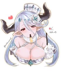 Rule 34 | 1girl, breasts, cleavage, dated, draph, food, fur collar, granblue fantasy, hat, heart, horns, izmir, kirika (nutsmoon), large breasts, long hair, mole, mole under mouth, mouth hold, pocky, pocky day, pointy ears, red eyes, silver hair, smile, solo