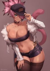 Rule 34 | 1girl, bandeau, baseball cap, black choker, black hat, black shorts, blue eyes, blue nails, breasts, brown background, brown thighhighs, cat tail, choker, cleavage, closed mouth, dark-skinned female, dark skin, final fantasy, final fantasy xiv, fingernails, fur-trimmed jacket, fur trim, hair over one eye, hand on headwear, hat, highres, iwbitu, jacket, large breasts, long sleeves, looking at viewer, midriff, miqo&#039;te, nail polish, navel, pink hair, ponytail, short hair, short shorts, shorts, simple background, smile, solo, square enix, stomach, tail, thighhighs, thighs, twitter username, warrior of light (ff14), white jacket, zephyr winds
