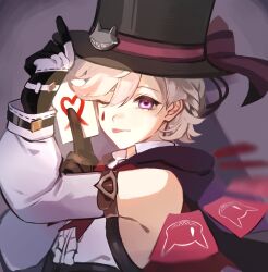 Rule 34 | 1boy, androgynous, black cape, black gloves, black hat, blonde hair, cape, card, detached sleeves, genshin impact, gloves, hat, heart, highres, holding, holding card, kazuha mom br, lyney (genshin impact), male focus, one eye closed, playing card, purple background, purple eyes, shirt, solo, teardrop facial mark, top hat, white shirt