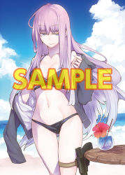 Rule 34 | 1girl, :&gt;, beach, bikini, black bikini, blue eyes, blue sky, breasts, character request, cleavage, cloud, cloudy sky, copyright request, cup, day, drink, drinking glass, drinking straw, flower, glass, gluteal fold, groin, gun, half-closed eyes, hibiscus, horizon, jacket, kawachi izumi, large breasts, light purple hair, linea alba, long hair, looking at viewer, lowleg, lowleg bikini, medium breasts, navel, ocean, off shoulder, open clothes, open jacket, outdoors, pale skin, purple hair, red flower, sample watermark, sand, sky, smile, solo, swimsuit, thigh strap, thighs, toranoana, tropical drink, unzipped, very long hair, water, watermark, weapon, weapon request