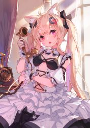 Rule 34 | 1girl, :o, ahoge, animal ears, black bra, blonde hair, bow, bowtie, bra, breasts, cat ears, center opening, commission, detached sleeves, dress, facial mark, frilled dress, frills, hair bow, hair ornament, hairclip, heterochromia, highres, indoors, light rays, long hair, looking at viewer, mole, mole on breast, navel, open mouth, original, phone, pink eyes, red eyes, shindou kamichi, skeb commission, small breasts, solo, sunbeam, sunlight, twintails, underwear, very long hair, white dress, window, wrist cuffs