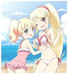 Rule 34 | 10s, 2girls, ;d, alice cartelet, bare shoulders, bikini, blonde hair, blue eyes, blush, breasts, casual one-piece swimsuit, day, frilled bikini, frilled swimsuit, frills, hair ornament, hairclip, kin-iro mosaic, kujou karen, long hair, looking at viewer, looking back, multiple girls, one-piece swimsuit, one eye closed, open mouth, pink one-piece swimsuit, ponytail, purple eyes, ransusan, side-tie bikini bottom, smile, standing, swimsuit, twintails, white bikini, white one-piece swimsuit, x hair ornament