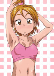 Rule 34 | 00s, 1girl, armpits, arms up, blush, bra, breasts, checkered background, covered erect nipples, eyelashes, frown, futari wa precure, hair ornament, heart, high ponytail, looking at viewer, matching hair/eyes, misumi nagisa, navel, oimanji, orange eyes, orange hair, pink bra, precure, short hair, small breasts, solo, sports bra, underwear, underwear only, upper body