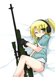 Rule 34 | 1girl, ai arctic warfare, arukana, bad id, bad pixiv id, between legs, blonde hair, bolt action, bottomless, ear protection, gloves, green eyes, gun, iris (material sniper), l96, lying, material sniper, no pants, office (soda parfait), on side, one eye closed, panties, ponytail, rifle, scope, sniper rifle, solo, striped clothes, striped panties, underwear, weapon, wink
