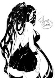 Rule 34 | 10s, 1girl, abyssal ship, ass, bare back, bare shoulders, battleship princess, black dress, black hair, blackmoon, breasts, dress, from behind, greyscale, hair between eyes, horns, kantai collection, large breasts, long hair, monochrome, short dress, signature, simple background, skin-covered horns, solo, thigh strap, thighs, very long hair, white background