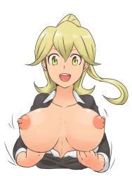 Rule 34 | 10s, 1girl, blonde hair, breasts, breasts out, creatures (company), game freak, huge breasts, large breasts, lass (pokemon), long hair, looking at viewer, nintendo, nipples, no bra, npc trainer, open clothes, open shirt, pokemon, pokemon xy, ponytail, shirt, smile, yellow eyes