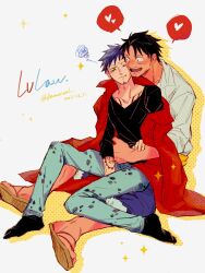 Rule 34 | 2boys, :d, aged up, arm tattoo, black hair, black shirt, borrowed clothes, chest tattoo, coat, commentary request, couple, demorzel, denim, earrings, facial hair, full body, goatee, heart, highres, hug, jeans, jewelry, looking at another, male focus, monkey d. luffy, multiple boys, muscular, muscular male, one eye closed, one piece, open mouth, pants, sandals, scar, scar on face, shirt, short hair, sitting, sitting on lap, sitting on person, smile, socks, spoken heart, spoken squiggle, squiggle, tattoo, trafalgar law, white shirt, yaoi, yellow eyes