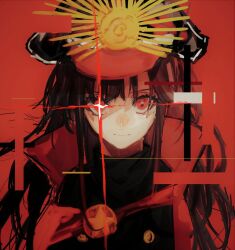 Rule 34 | 1girl, black hair, black jacket, brooch, buttons, cape, diffraction spikes, emiya negi, fate/grand order, fate (series), hat, hat ornament, high collar, jacket, jewelry, light smile, long hair, looking at viewer, messy hair, military jacket, oda nobunaga (fate), oda uri, peaked cap, portrait, rectangle, red background, red cape, red eyes, solo, star brooch
