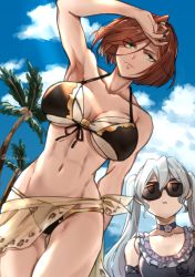 Rule 34 | 2girls, :x, abs, absurdres, arm up, armpits, bikini, black knight (granblue fantasy), breasts, brown hair, choker, cowboy shot, granblue fantasy, green eyes, groin, highres, large breasts, layered bikini, multiple girls, muscular, muscular female, navel, orchis, palm tree, sarong, short hair, sky, small breasts, string bikini, sunglasses, swimsuit, tree, twintails, white hair, yuhkiano