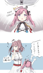 Rule 34 | 2girls, :d, ahoge, azur lane, bad id, bad pixiv id, blue eyes, breast pocket, breasts, brown hair, clothes on shoulders, cnm, crossover, hairband, headgear, highres, historical name connection, kantai collection, long hair, military, military uniform, multiple girls, name connection, naval uniform, open mouth, pocket, ponytail, purple eyes, purple hair, saratoga (azur lane), saratoga (kancolle), scarf, size difference, smile, sweat, translation request, uniform