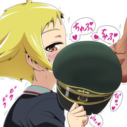 Rule 34 | 10s, blonde hair, blush, brown eyes, covering own mouth, covering privates, erwin (girls und panzer), fellatio, girls und panzer, hat, kani club, looking at viewer, military hat, oral, penis, school uniform, translation request