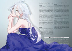 Rule 34 | 1girl, ani lu, bare arms, bare shoulders, blue dress, commentary, dress, earrings, english commentary, english text, gradient background, grey background, grey eyes, gundam, gundam suisei no majo, highres, jewelry, long hair, looking at viewer, miorine rembran, parted lips, ring, shadow, sitting, solo, strapless, strapless dress, wedding ring, white hair