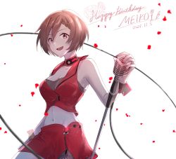 Rule 34 | 1girl, absurdres, backlighting, bare arms, black bra, bra, brown eyes, brown hair, character name, choker, commentary, cowboy shot, cropped jacket, dated, falling petals, happy birthday, highres, holding, holding microphone, jacket, looking at viewer, meiko (vocaloid), meiko (vocaloid3), microphone, microphone cord, microphone stand, midriff, miniskirt, navel, open mouth, parang 99, petals, red jacket, red skirt, short hair, skirt, sleeveless, sleeveless jacket, smile, solo, standing, underwear, vocaloid, white background, wrist cuffs, zipper skirt