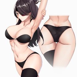 Rule 34 | 1girl, armpits, arms behind head, arms up, ass, beidou (genshin impact), bikini, black bra, black panties, black thighhighs, blush, bra, breasts, brown hair, butt crack, cleavage, earrings, eyepatch, genshin impact, hair ornament, hair over one eye, hairpin, highres, jewelry, large breasts, long hair, looking at viewer, multiple views, navel, panties, red eyes, simple background, single thighhigh, skindentation, smile, stomach, strapless, strapless bra, stretching, swimsuit, therrao, thick thighs, thigh gap, thighhighs, thighs, underwear, white background