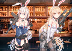 Rule 34 | 2girls, 9a-91, 9a-91 (girls&#039; frontline), absurdres, alternate costume, animal ears, assault rifle, bare shoulders, blonde hair, blue eyes, bow, bowtie, braid, breasts, brown legwear, bullpup, cleavage, commentary, covered navel, dancing wolf, detached collar, english commentary, fake animal ears, girls&#039; frontline, gun, hair between eyes, hair ornament, highres, holding, holding gun, holding weapon, leotard, long hair, looking at viewer, medium breasts, multiple girls, ots-14 (girls&#039; frontline), ots-14 groza, pantyhose, playboy bunny, rabbit ears, rabbit tail, red leotard, rifle, silver hair, star (symbol), star hair ornament, suppressor, tail, very long hair, weapon, wrist cuffs