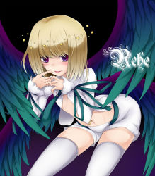Rule 34 | 1boy, bad id, bad pixiv id, beatmania, beatmania iidx, blonde hair, blush, character name, halo, long sleeves, looking at viewer, male focus, mars symbol, midriff, multiple wings, navel, navel piercing, necktie, piercing, purple eyes, rche (beatmania), shimo (depthbomb), shiny skin, short hair, shorts, solo, star (symbol), thighhighs, tongue, trap, white thighhighs, wings