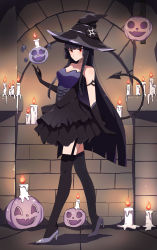 Rule 34 | 1girl, bad id, bad pixiv id, black garter straps, black gloves, black hair, black thighhighs, candle, candlelight, closed mouth, costume, garter straps, glass (tate no yuusha no nariagari), gloves, halloween, halloween costume, hat, highres, long hair, nathan stefv, pumpkin, red eyes, serious, solo, standing, tate no yuusha no nariagari, thighhighs, very long hair, witch, witch hat