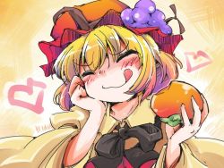 Rule 34 | 1girl, aki minoriko, blonde hair, dress, closed eyes, food, fruit, grapes, hand on own cheek, hand on own face, hat, heart, persimmon, shinapuu, short hair, smile, solo, tongue, tongue out, touhou