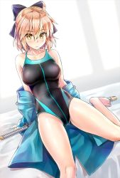 Rule 34 | 1girl, ahoge, barefoot, black bow, black one-piece swimsuit, blue kimono, bow, breasts, collarbone, commentary request, competition swimsuit, cosplay, fate/grand order, fate (series), hair bow, japanese clothes, katana, kimono, koha-ace, koyuki (kotatsu358), looking at viewer, medium breasts, miyamoto musashi (fate), miyamoto musashi (fate) (cosplay), miyamoto musashi (swimsuit berserker) (first ascension) (fate), okita souji (fate), okita souji (koha-ace), one-piece swimsuit, open clothes, open kimono, orange hair, short hair, sitting, solo, swimsuit, sword, weapon, yellow eyes