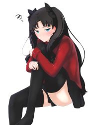 Rule 34 | 1girl, black hair, black skirt, black thighhighs, blue eyes, blush, command spell, commentary request, ear blush, embarrassed, fate/stay night, fate (series), hair ornament, hair ribbon, highres, leg lift, leg up, long hair, looking at viewer, miniskirt, pleated skirt, ribbon, sitting, skirt, solo, sweater, thighhighs, tohsaka rin, two side up, white background, yatsu (yaxtu1029), zettai ryouiki