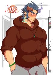 Rule 34 | 1boy, bara, blue hair, blush, broken horn, brown hoodie, bulge, cowboy shot, crow (siranui), dark blue hair, demon boy, demon horns, erection, erection under clothes, facial hair, fang, fiery horns, grey pants, highres, hood, hoodie, horns, jewelry, large pectorals, long sideburns, looking away, male focus, motion lines, muscular, muscular male, necklace, pacifier, pants, pectorals, short hair, sideburns, sleeves rolled up, solo, stubble, takemaru (housamo), thick eyebrows, tokyo houkago summoners