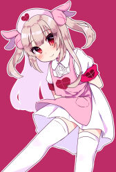 Rule 34 | 1girl, absurdres, apron, blush, chiitamu, collared dress, dress, hat, heart, heart print, highres, long hair, natori sana, nurse cap, pink apron, pink hat, red eyes, sana channel, short sleeves, solo, thighhighs, two side up, virtual youtuber, white dress, white thighhighs