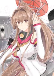 Rule 34 | 1girl, brown hair, cannon, cherry blossoms, commentary request, flower, hair flower, hair ornament, headgear, jewelry, kantai collection, kikumon, long hair, oil-paper umbrella, ponytail, red eyes, red sailor collar, red umbrella, ring, sailor collar, smile, solo, takase asagiri, turret, umbrella, upper body, wedding band, yamato (kancolle), yellow rope, z flag