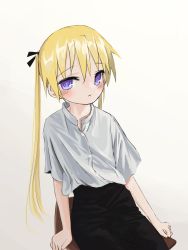 Rule 34 | 1girl, absurdres, bad id, bad twitter id, black pants, blonde hair, blush, chair, closed mouth, gishiki (gshk), highres, kill me baby, looking at viewer, pants, purple eyes, shirt, short sleeves, simple background, sitting, solo, sonya (kill me baby), twintails, white background, white shirt