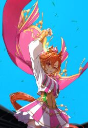 Rule 34 | 1girl, animal ears, arm up, cape, clenched hand, crown, from below, highres, horse ears, horse girl, horse tail, mini crown, nanaheibei 3, neck ribbon, orange hair, pink cape, pink ribbon, pink skirt, purple eyes, ribbon, short hair, skirt, solo, t.m. opera o (umamusume), tail, two-tone skirt, umamusume, white skirt