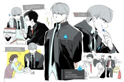 1girl 3boys adachi_tooru apron arms_behind_back black_jacket black_necktie blood blue_blood brother_and_sister caution_tape chinese_text closed_mouth detroit:_become_human doujima_nanako doujima_ryoutarou grey_hair hand_up highres jacket multiple_boys necktie parody persona persona_4 red_necktie siblings simple_background smile traffic_cone translation_request white-trick white_apron white_background