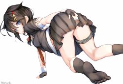 Rule 34 | 10s, 1girl, :p, absurdres, all fours, arm support, black gloves, black socks, blue eyes, brown hair, feet, fingerless gloves, gloves, hair ornament, highres, kantai collection, katoroku, kneehighs, looking at viewer, looking back, necktie, no shoes, panties, panties around leg, pleated skirt, shigure (kancolle), short hair, simple background, skirt, socks, solo, tongue, tongue out, twitter username, underwear, white background