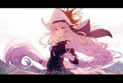 Rule 34 | 1girl, arknights, backlighting, bare shoulders, black dress, black hat, blue nails, braid, breasts, cang (iphis233), commentary, cowboy shot, detached sleeves, dress, english commentary, floating hair, grey hair, hair between eyes, hat, letterboxed, light particles, long hair, long sleeves, looking at viewer, medium breasts, nail polish, open mouth, outstretched hand, parted lips, red eyes, simple background, single braid, solo, specter (arknights), specter the unchained (arknights), very long hair, white background