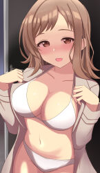 Rule 34 | 1girl, absurdres, bikini, blush, breasts, brown eyes, brown hair, cleavage, collarbone, commentary request, highres, idolmaster, idolmaster shiny colors, large breasts, long hair, looking at viewer, navel, neng (user fyxc8875), open mouth, sakuragi mano, smile, solo, standing, stomach, swimsuit, white bikini