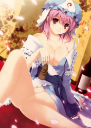Rule 34 | 1girl, bad id, bad pixiv id, bottomless, breasts, cleavage, cpu (hexivision), artistic error, female focus, hat, japanese clothes, large breasts, no panties, pink hair, red eyes, saigyouji yuyuko, short hair, solo, touhou