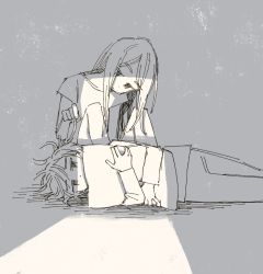 Rule 34 | 1boy, 1girl, closed mouth, commentary request, greyscale, long hair, looking at viewer, lying, monochrome, muji (uimss), hugging object, on side, original, pants, pillow, pillow hug, playing with another&#039;s hair, shirt, short hair, short sleeves