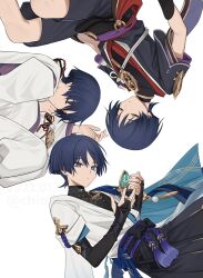 Rule 34 | 3boys, arm armor, armor, artist name, baggy pants, bare shoulders, belt, black belt, black bow, black shirt, black shorts, black vest, blue eyes, blue hair, blue vest, blunt ends, bow, chinikuniku, closed eyes, closed mouth, dark blue hair, dated, detached sleeves, eyeliner, feet out of frame, gem, genshin impact, gold, green gemstone, grey pants, grey shirt, hair between eyes, hands up, jewelry, leaf, long sleeves, looking down, looking to the side, lying, makeup, male focus, mandarin collar, mitsudomoe (shape), multiple boys, multiple persona, necklace, no headwear, official alternate costume, on side, open clothes, open vest, pants, parted bangs, pom pom (clothes), purple belt, purple shirt, red bow, red eyeliner, ring, scaramouche (genshin impact), scaramouche (kabukimono) (genshin impact), shirt, short sleeves, shorts, shoulder armor, simple background, sleeping, sleeveless, sleeveless shirt, tassel, tomoe (symbol), two-tone vest, vest, vision (genshin impact), wanderer (genshin impact), watermark, white background, white vest, wide sleeves