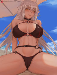 Rule 34 | 1girl, ahoge, artist name, bikini, breasts, buckle, choker, cloud, commentary, covered erect nipples, cowboy shot, day, english commentary, fate/grand order, fate (series), grey hair, hair between eyes, jeanne d&#039;arc alter (swimsuit berserker) (fate), jeanne d&#039;arc (fate), jeanne d&#039;arc alter (fate), jeanne d&#039;arc alter (swimsuit berserker) (fate), large breasts, long hair, looking at viewer, lsls, navel, o-ring, o-ring bikini, outdoors, patreon username, sitting, sky, smile, solo, spread legs, swimsuit, watermark, yellow eyes