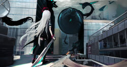 Rule 34 | 1girl, absurdres, black footwear, black jacket, black thighhighs, breath weapon, breathing fire, building, chinese commentary, cityscape, commentary request, dragon, fire, from behind, halo, highres, holding, holding sword, holding weapon, jacket, lemtun, long hair, original, short sleeves, skindentation, solo, standing, sword, thighhighs, very long hair, weapon, white hair