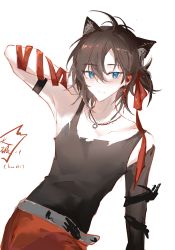 Rule 34 | 1boy, animal ears, arknights, armpits, belt, bishounen, black shirt, blue eyes, brown hair, cat boy, cat ears, cowboy shot, hand up, highres, jewelry, male focus, necklace, red ribbon, ribbon, shirt, simple background, solo, stainless (arknights), tank top, torn clothes, white background, xiuxiudangdangdongdong duang