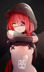 Rule 34 | 1girl, :p, animal hood, areola slip, bad id, bad pixiv id, black gloves, black wings, blush, breasts, breasts out, cat hood, closed mouth, clothes lift, cross pasties, demon girl, demon horns, demon wings, elbow gloves, eyepatch, gloves, highres, hood, hood up, horns, lifted by self, long hair, looking at viewer, navel, no bra, one eye covered, original, partially fingerless gloves, pasties, red hair, sana hamada, short sleeves, small breasts, smile, solo, stomach, swept bangs, tongue, tongue out, upper body, v-shaped eyebrows, very long hair, wings, yellow eyes