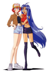 Rule 34 | 1990s (style), 2girls, ahoge, arm hug, baseball cap, black legwear, blue eyes, blue hair, boots, cacao (lamune), clothes writing, dark-skinned female, dark skin, denim, denim shorts, full body, hand in pocket, hand on own hip, hat, highres, jacket, leg up, long hair, looking at viewer, midriff, multiple girls, navel, non-web source, official art, open clothes, open jacket, open mouth, parfait (lamune), pencil skirt, red eyes, red hair, retro artstyle, shoes, short hair, shorts, simple background, skirt, sleeves past elbows, smile, sneakers, standing, thigh boots, thighhighs, very long hair, vs knight lamune &amp; 40 fresh, white background, white footwear
