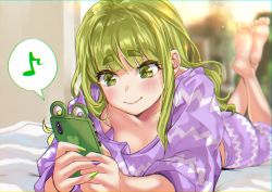 Rule 34 | 1girl, barefoot, bed, blush, cellphone, commentary request, green eyes, green hair, green nails, highres, holding, holding phone, long hair, lying, musical note, nail polish, on stomach, original, osanai (shashaki), pajamas, phone, purple nails, shashaki, sidelocks, smartphone, smile, solo, spoken musical note, the pose