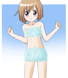 Rule 34 | 10s, 1girl, alternate costume, atair, bloomers, blue background, blue bloomers, blue bra, blue panties, blush, bob cut, bow, bow bloomers, bow bra, bow panties, bra, breasts, brown hair, cinderella bust, clenched hands, cowboy shot, embarrassed, flying sweatdrops, frills, gradient background, looking at viewer, navel, neptune (series), open mouth, panties, parted bangs, parted lips, raised eyebrows, ribbon trim, rom (neptunia), short hair, small breasts, solo, standing, strapless, strapless bra, underwear, underwear only, w arms