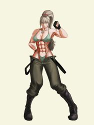 Rule 34 | 1girl, abs, absurdres, artist request, blonde hair, boots, breasts, character request, female focus, fingerless gloves, gloves, highres, long hair, metal slug, muscular, muscular female, navel, ponytail, scar, solo, thumbs down