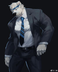 Rule 34 | 1boy, alternate costume, bandaid, bandaid on face, bandaid on nose, bara, bear boy, ben (rollingstonex6), blue headband, diagonal-striped clothes, diagonal-striped necktie, feet out of frame, formal, furry, furry male, head tilt, headband, large pectorals, looking ahead, male focus, mature male, muscular, muscular male, necktie, original, pectorals, rollingstonex6, shirt, short hair, solo, striped clothes, suit, thick eyebrows, tight clothes, tight shirt, white fur, white hair