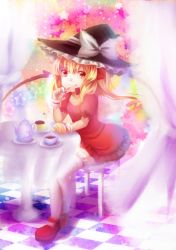 Rule 34 | 1girl, :q, alternate costume, alternate headwear, bad id, bad pixiv id, blonde hair, blush, bow, chair, checkered floor, crossed legs, cup, curtains, dress, fang, female focus, flandre scarlet, floor, food, hat, hat bow, highres, mary janes, open mouth, plate, pudding, red eyes, revision, shoes, short hair, side ponytail, sitting, smile, solo, spoon, star (symbol), table, tea, teacup, teapot, thighhighs, tongue, tongue out, touhou, white thighhighs, wings, witch hat, wrist cuffs, zinczinc ka