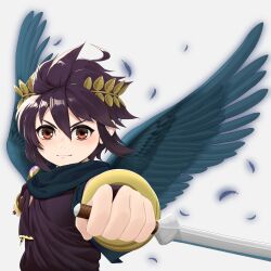 1boy 3balkan absurdres ahoge angel angel_wings black_hair dark_pit feathers grey_background highres kid_icarus kid_icarus_uprising laurel_crown looking_at_viewer male_focus nintendo red_eyes silver_bow_(kid_icarus) solo upper_body wings