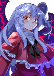 Rule 34 | 1girl, black ribbon, blush, capelet, dress, e.o., frilled capelet, frills, hair bobbles, hair ornament, highres, long hair, looking at viewer, looking down, multiple wings, neck ribbon, purple wings, red dress, red eyes, ribbon, shinki (touhou), side ponytail, sidelocks, silver hair, smile, solo, touhou, touhou (pc-98), upper body, white background, wings