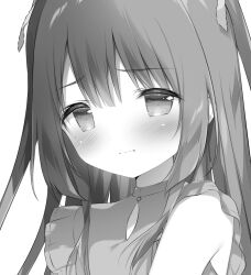 Rule 34 | 1girl, blush, closed mouth, commentary request, dress, greyscale, hair between eyes, hair ribbon, long hair, looking at viewer, monochrome, original, ribbon, shiratama (shiratamaco), simple background, sleeveless, sleeveless dress, solo, unfinished, upper body, wavy mouth, white background